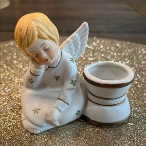 TWO Vintage 1970’s Angel Candle Holders - White and Gold Ceramic Bisque